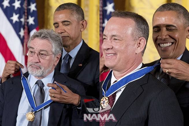 باراک اوباما بالاترین مدال افتخار را به گردن بزرگان هالیوود آویخت / رابرت دونیرو، تام هنکس، رابرت ردفورد در کاخ سفید